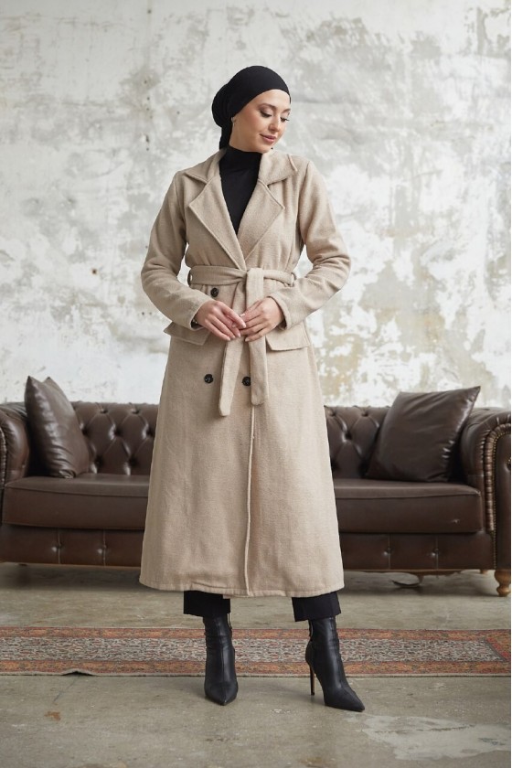12102 - Dört Düğmeli Tesettür Kaban Bej-F7 12102 - Dört Düğmeli Tesettür Kaban Bej-F7