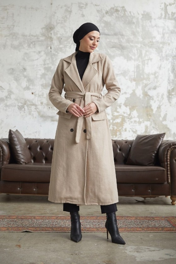 12102 - Dört Düğmeli Tesettür Kaban Bej-F7 12102 - Dört Düğmeli Tesettür Kaban Bej-F7