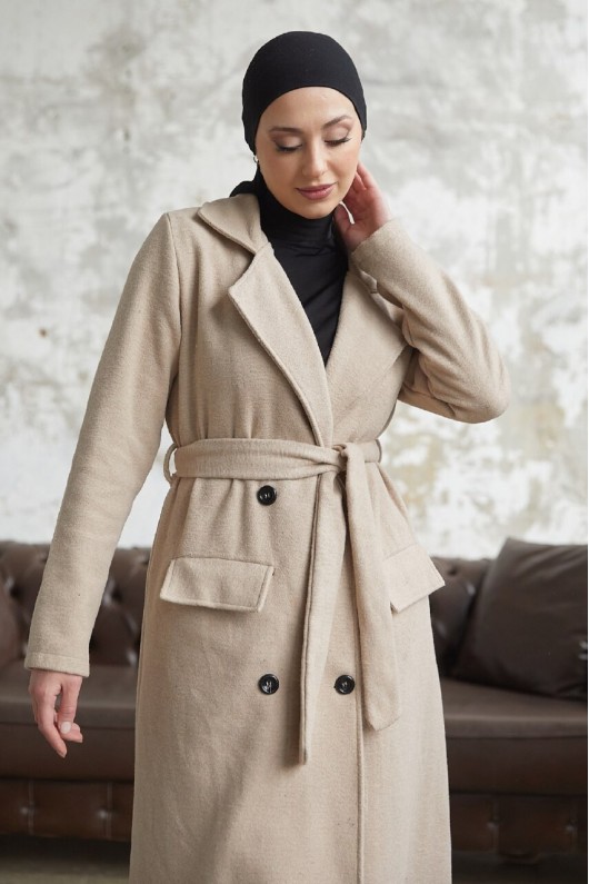 12102 - Dört Düğmeli Tesettür Kaban Bej-F7