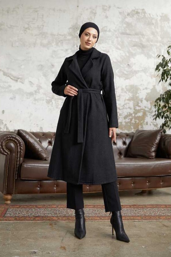 20053 - Bağlamalı Tesettür Kaban Si̇yah-A20