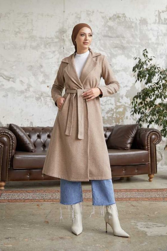 20053 - Bağlamalı Tesettür Kaban Bej-A20