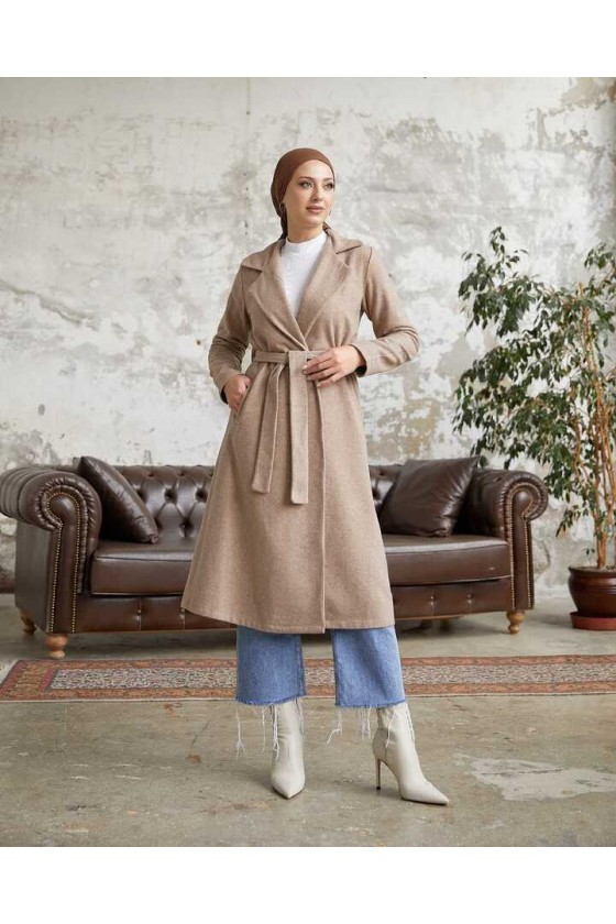 20053 - Bağlamalı Tesettür Kaban Bej-A20