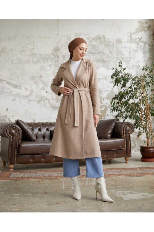 20053 - Bağlamalı Tesettür Kaban Bej-A20