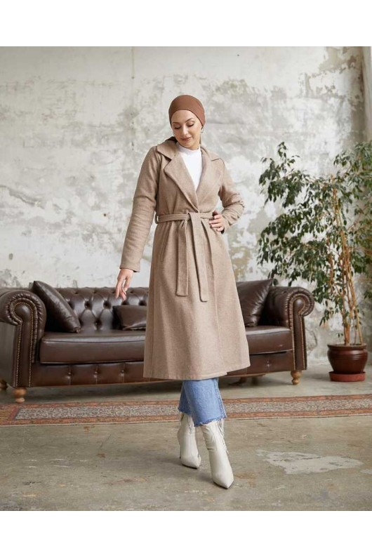 20053 - Bağlamalı Tesettür Kaban Bej-A20