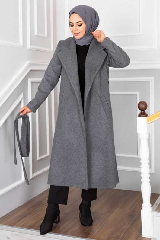20053 - Bağlamalı Tesettür Kaban Gri̇-A20