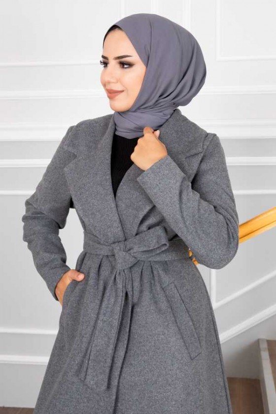 20053 - Bağlamalı Tesettür Kaban Gri̇-A20 20053 - Bağlamalı Tesettür Kaban Gri̇-A20
