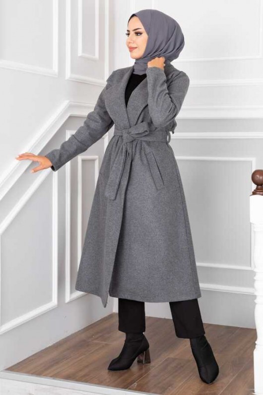 20053 - Bağlamalı Tesettür Kaban Gri̇-A20