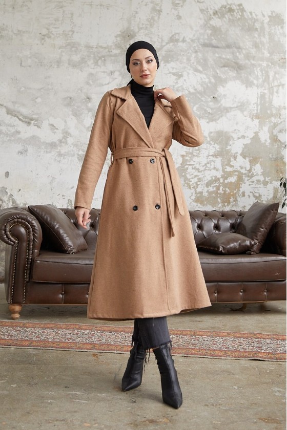 20069 - 4 Düğmeli Tesettür Kaban Camel-A15