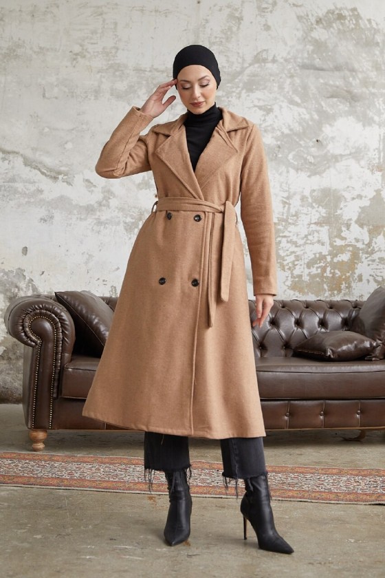 20069 - 4 Düğmeli Tesettür Kaban Camel-A15 20069 - 4 Düğmeli Tesettür Kaban Camel-A15