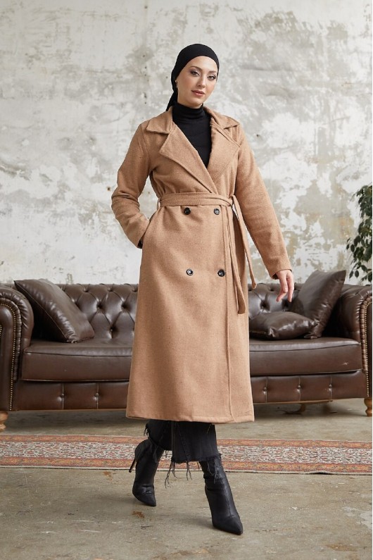 20069 - 4 Düğmeli Tesettür Kaban Camel-A15