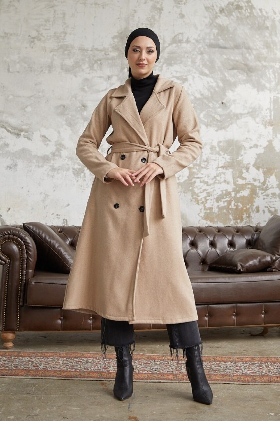 20069 - 4 Düğmeli Tesettür Kaban Bej-A15