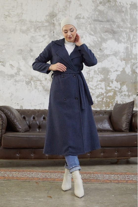 20069 - 4 Düğmeli Tesettür Kaban Laci̇vert-A15