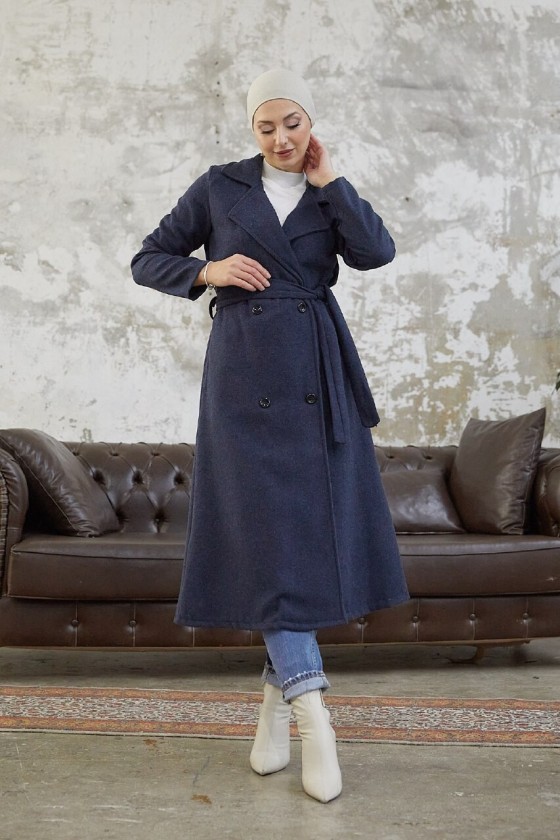 20069 - 4 Düğmeli Tesettür Kaban Laci̇vert-A15