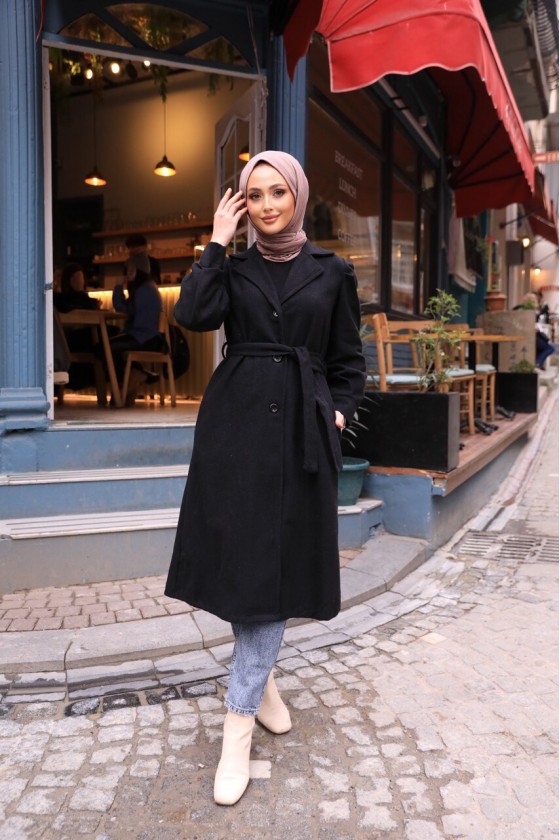 20331 - Balon Kol Tesettür Kaban Si̇yah-C6