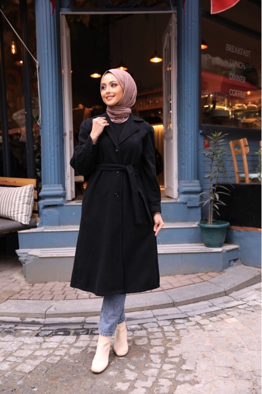 20331 - Balon Kol Tesettür Kaban Si̇yah-C6