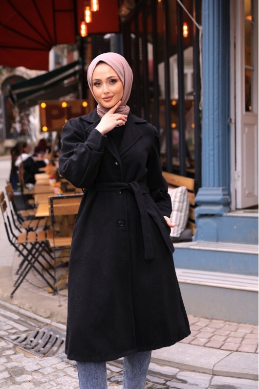 20331 - Balon Kol Tesettür Kaban Si̇yah-C6