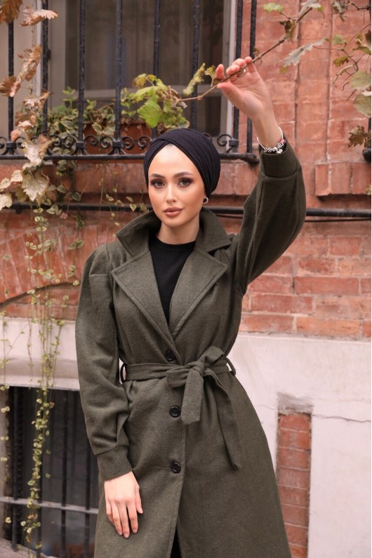 20331 - Balon Kol Tesettür Kaban Haki̇-C6