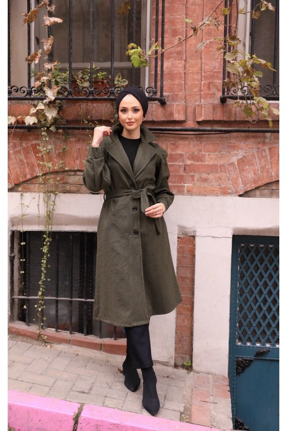 20331 - Balon Kol Tesettür Kaban Haki̇-C6