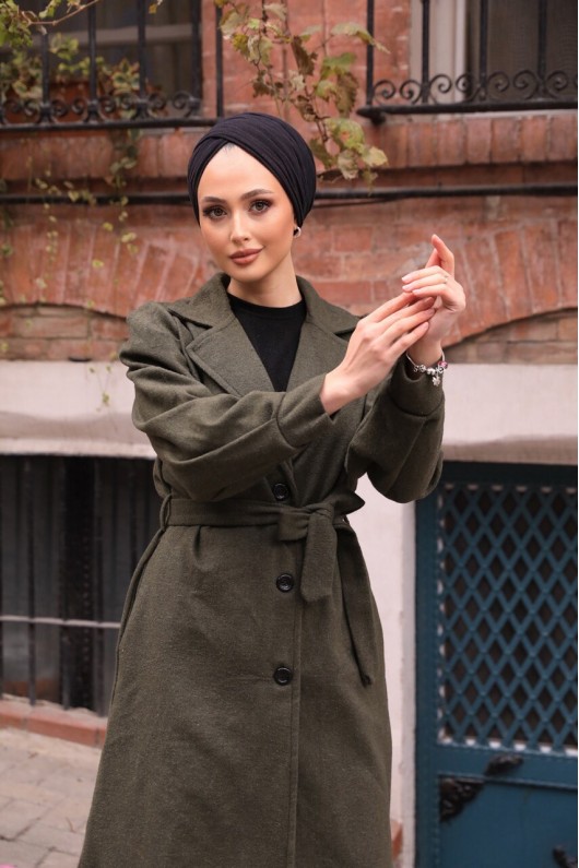 20331 - Balon Kol Tesettür Kaban Haki̇-C6