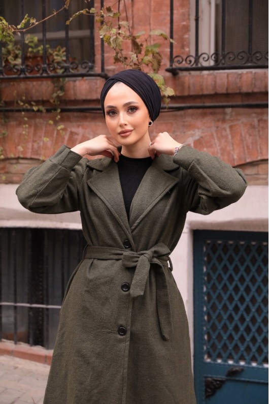 20331 - Balon Kol Tesettür Kaban Haki̇-C6