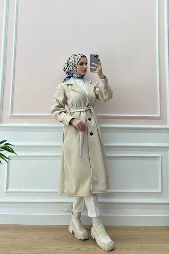 Balon Kol Tesettür Kaban Bej