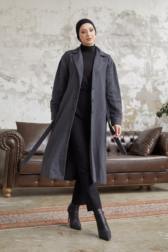 20331 - Balon Kol Tesettür Kaban Gri̇-C6