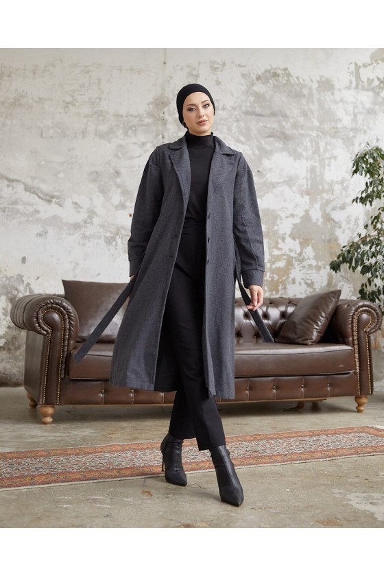 20331 - Balon Kol Tesettür Kaban Gri̇-C6