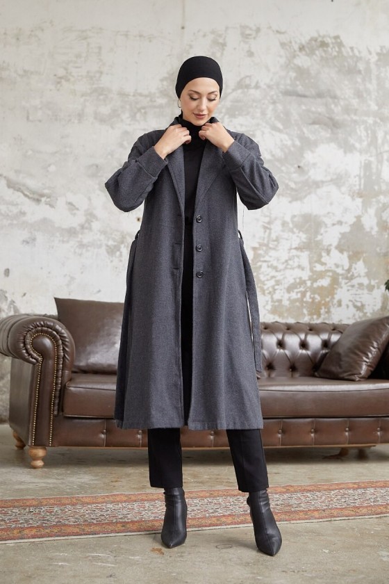 20331 - Balon Kol Tesettür Kaban Gri̇-C6 20331 - Balon Kol Tesettür Kaban Gri̇-C6