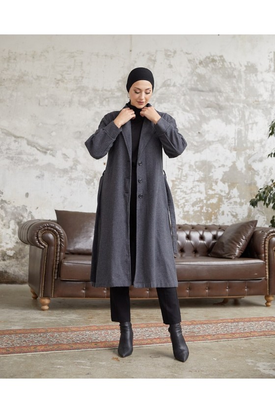 20331 - Balon Kol Tesettür Kaban Gri̇-C6