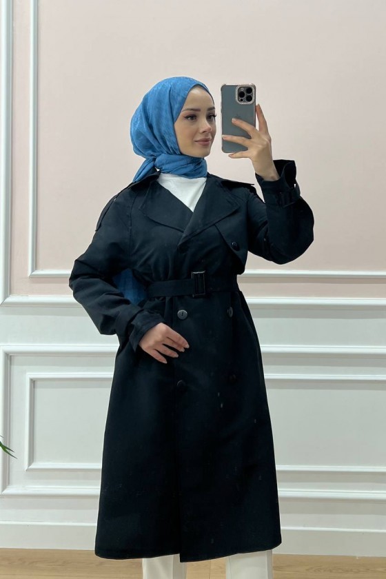 0141-Kol Ve Omuz Detaylı Tesettür Trençkot Si̇yah-C5