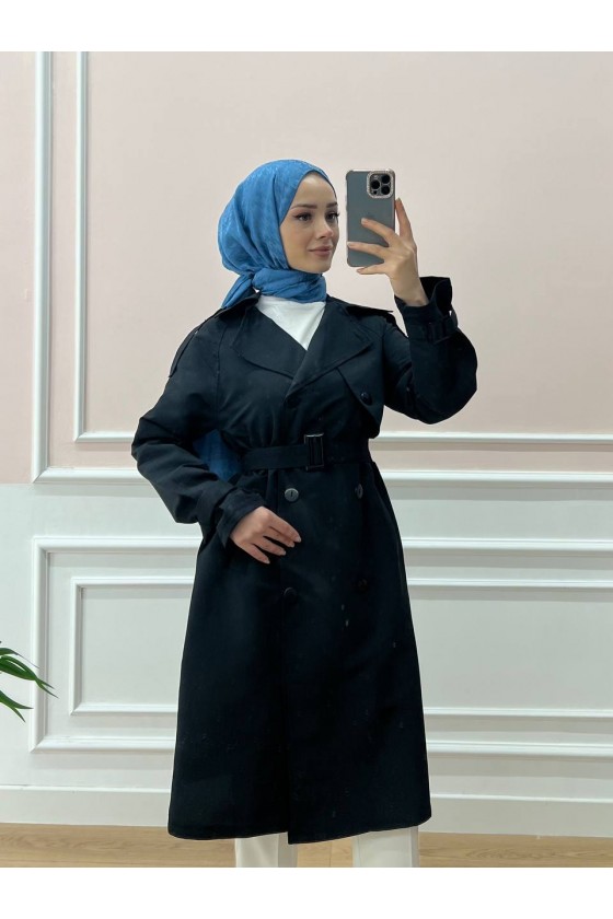 0141-Kol Ve Omuz Detaylı Tesettür Trençkot Si̇yah-C5
