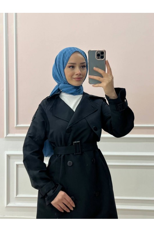 0141-Kol Ve Omuz Detaylı Tesettür Trençkot Si̇yah-C5