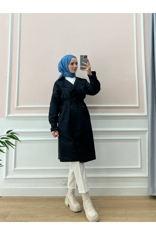0141-Kol Ve Omuz Detaylı Tesettür Trençkot Si̇yah-C5