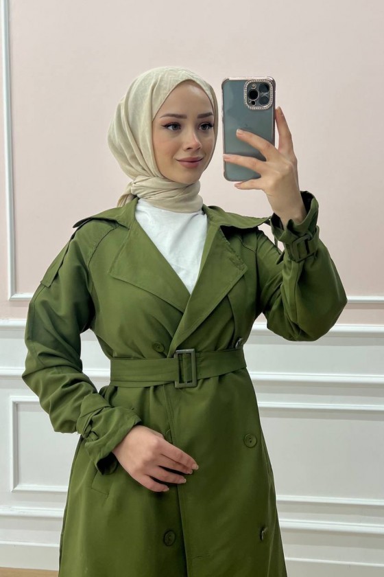 0141-Kol Ve Omuz Detaylı Tesettür Trençkot Haki̇-C5