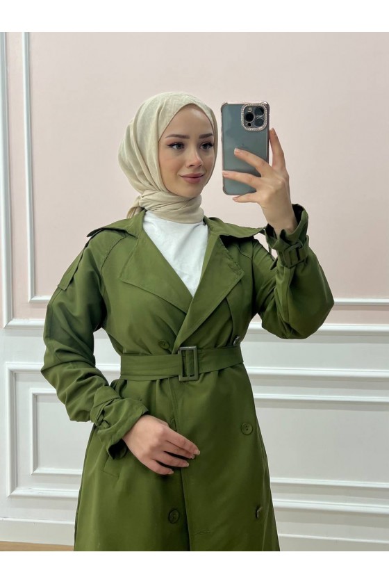0141-Kol Ve Omuz Detaylı Tesettür Trençkot Haki̇-C5