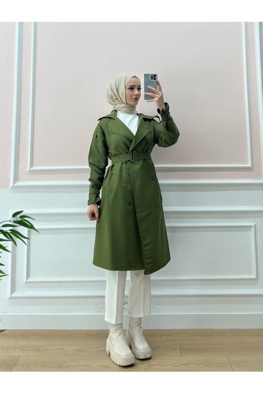0141-Kol Ve Omuz Detaylı Tesettür Trençkot Haki̇-C5