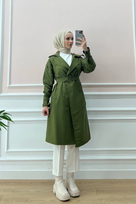 0141-Kol Ve Omuz Detaylı Tesettür Trençkot Haki̇-C5