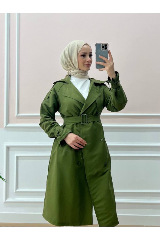 0141-Kol Ve Omuz Detaylı Tesettür Trençkot Haki̇-C5
