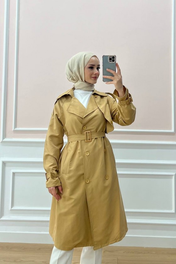 0141-Kol Ve Omuz Detaylı Tesettür Trençkot Camel-C5