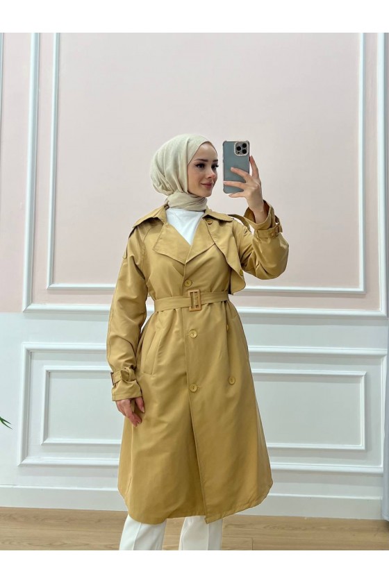 0141-Kol Ve Omuz Detaylı Tesettür Trençkot Camel-C5