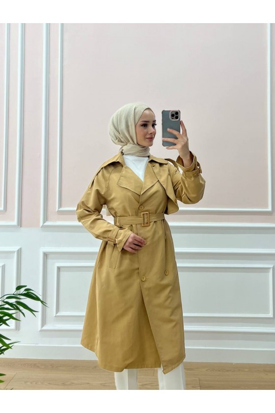 0141-Kol Ve Omuz Detaylı Tesettür Trençkot Camel-C5 0141-Kol Ve Omuz Detaylı Tesettür Trençkot Camel-C5