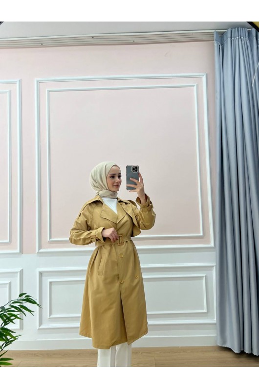 0141-Kol Ve Omuz Detaylı Tesettür Trençkot Camel-C5 0141-Kol Ve Omuz Detaylı Tesettür Trençkot Camel-C5