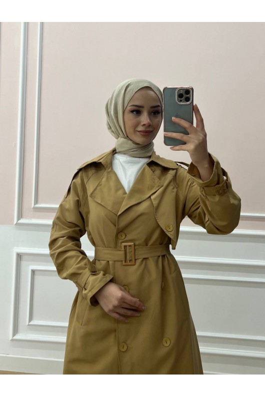 0141-Kol Ve Omuz Detaylı Tesettür Trençkot Camel-C5 0141-Kol Ve Omuz Detaylı Tesettür Trençkot Camel-C5