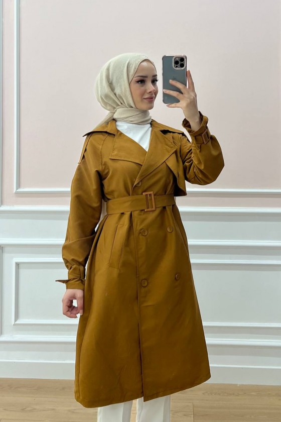 0141 - Kol Ve Omuz Detaylı Tesettür Trençkot Taba-C5