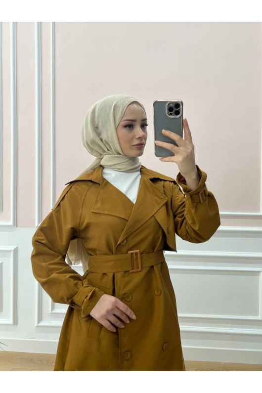 0141 - Kol Ve Omuz Detaylı Tesettür Trençkot Taba-C5 0141 - Kol Ve Omuz Detaylı Tesettür Trençkot Taba-C5