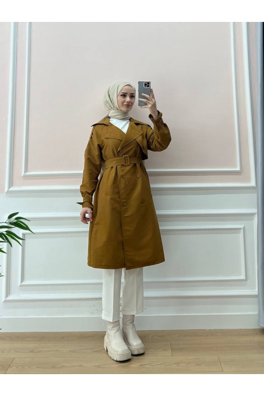 0141 - Kol Ve Omuz Detaylı Tesettür Trençkot Taba-C5 0141 - Kol Ve Omuz Detaylı Tesettür Trençkot Taba-C5