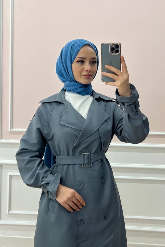 0141 - Kol Ve Omuz Detaylı Tesettür Trençkot Gri̇-C5