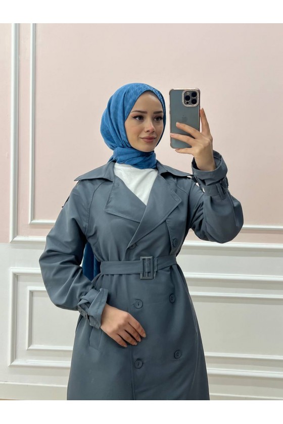 0141 - Kol Ve Omuz Detaylı Tesettür Trençkot Gri̇-C5