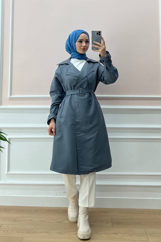 0141 - Kol Ve Omuz Detaylı Tesettür Trençkot Gri̇-C5