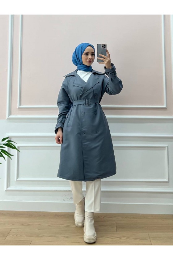 0141 - Kol Ve Omuz Detaylı Tesettür Trençkot Gri̇-C5 0141 - Kol Ve Omuz Detaylı Tesettür Trençkot Gri̇-C5